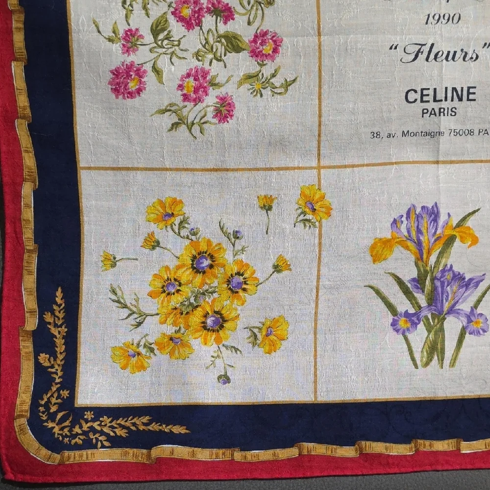 Vintage Celine Floral Silk Scarf with Navy and Red Border